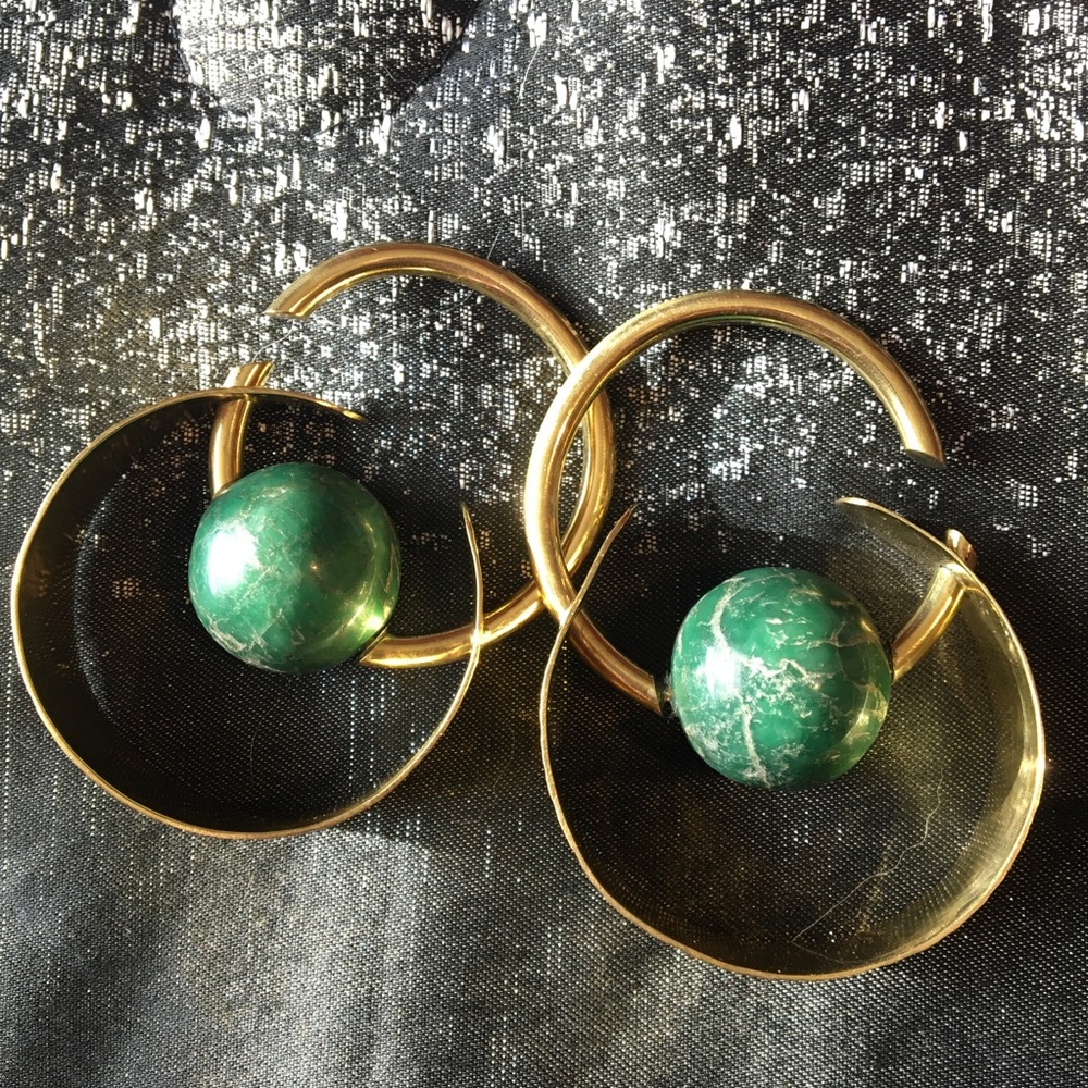 EAR WEIGHTS BRASS & JADE STONE GAUGES HOOPS